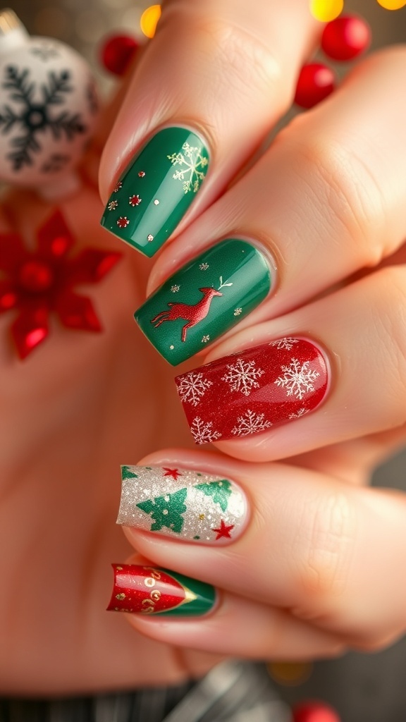 Festive emerald green and red Christmas nail art with glitter and designs.